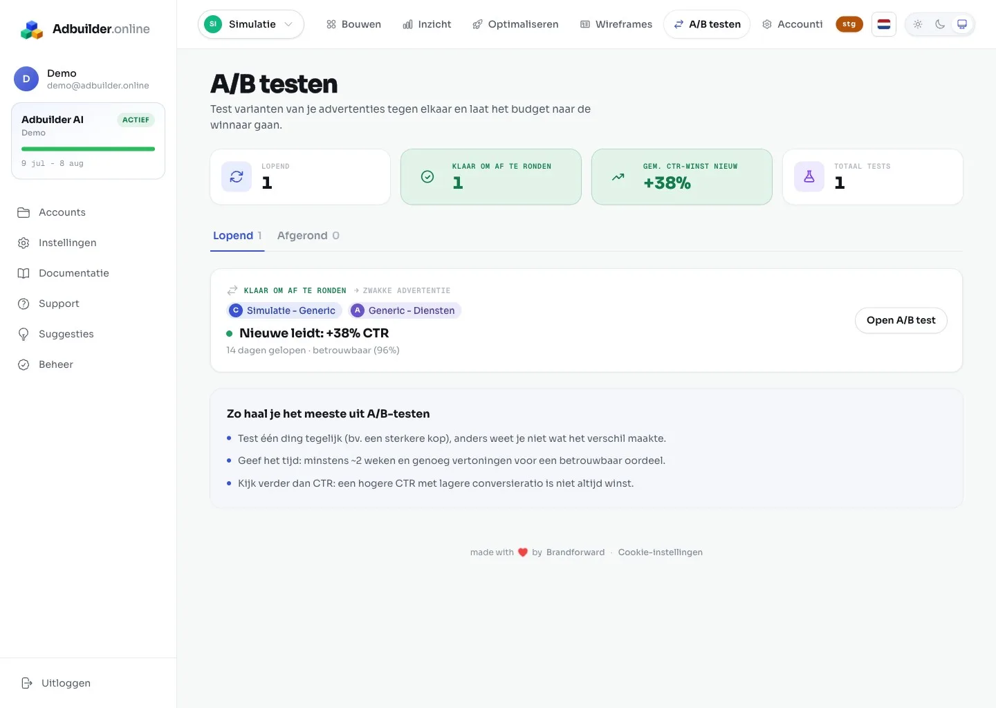 De A/B-tab met lopende tests en de voorsprong van de winnaar