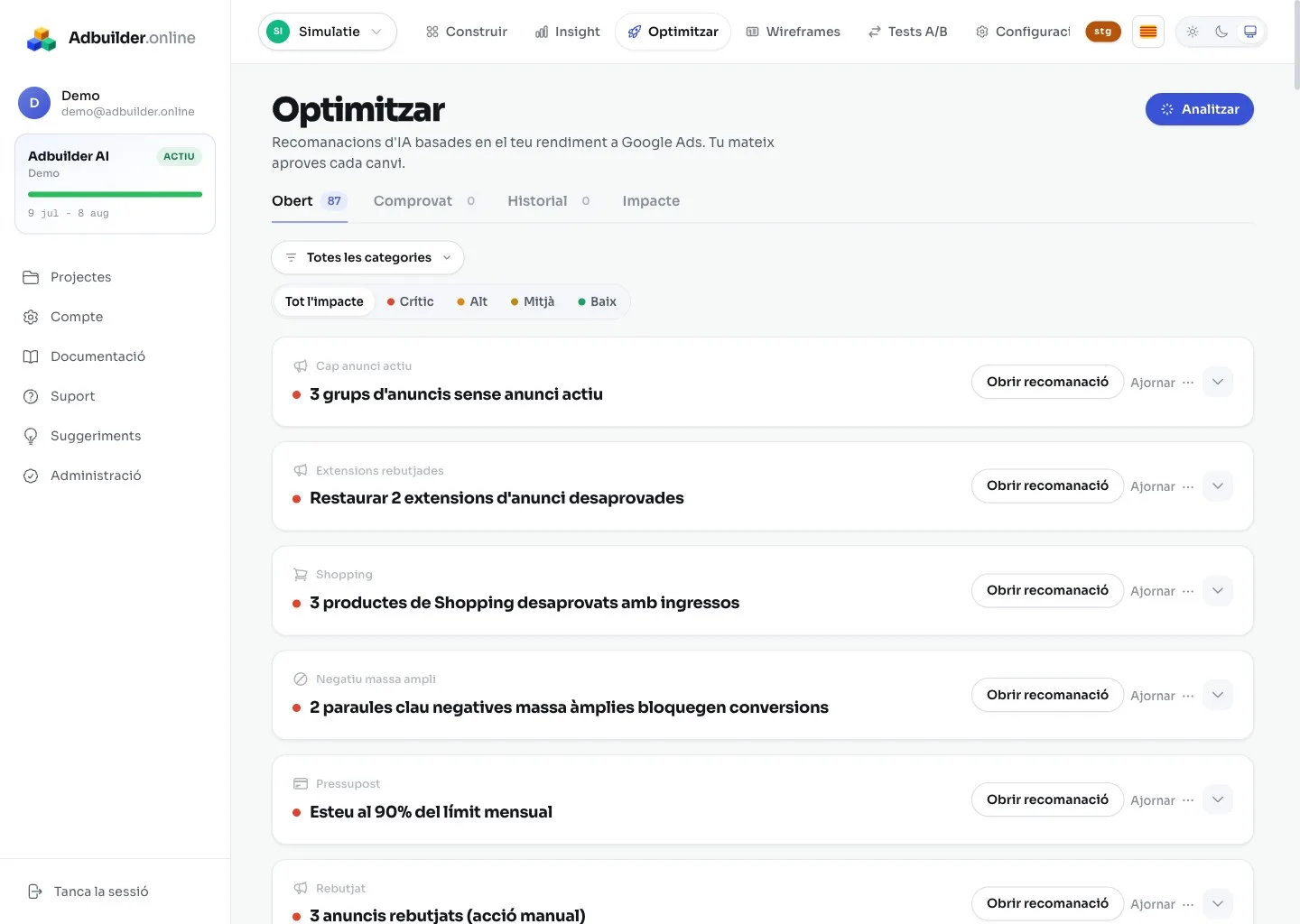 La pantalla d'Optimitzar amb targetes de recomanació