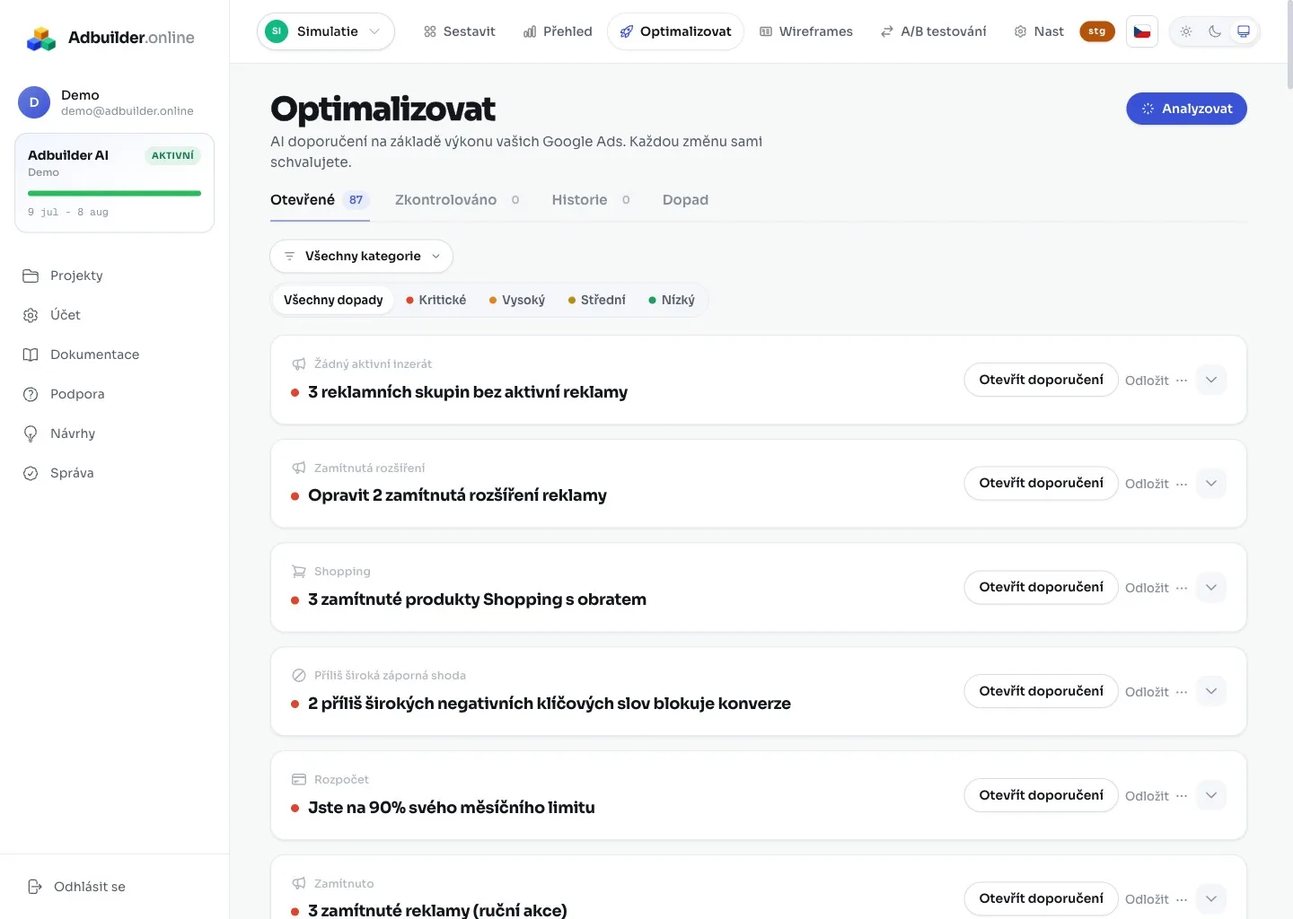 Obrazovka Optimalizovat s kartami doporučení