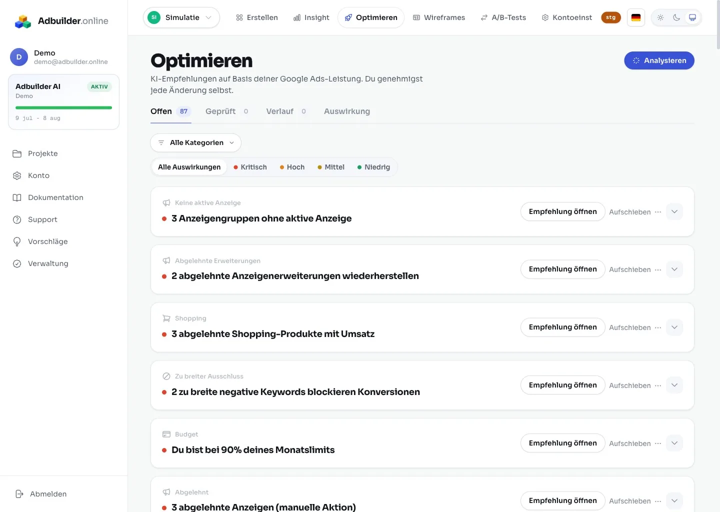 Der Optimieren-Bildschirm mit Empfehlungskarten