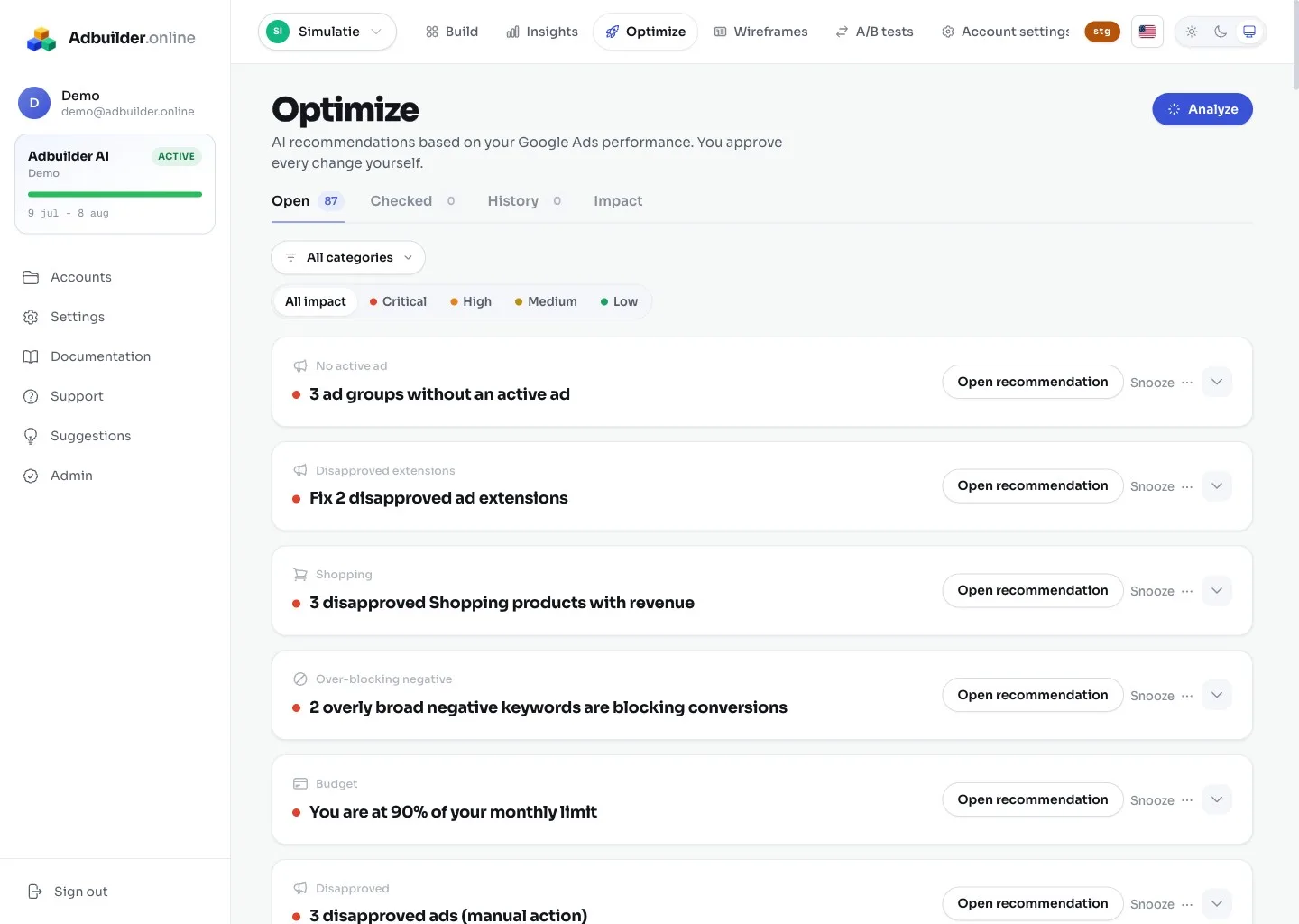 The Optimize screen with recommendation cards