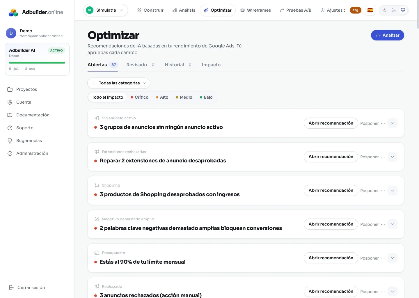 La pantalla de Optimizar con tarjetas de recomendación