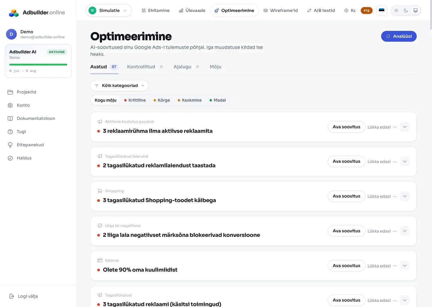 Optimeerimise ekraan soovituskaartidega