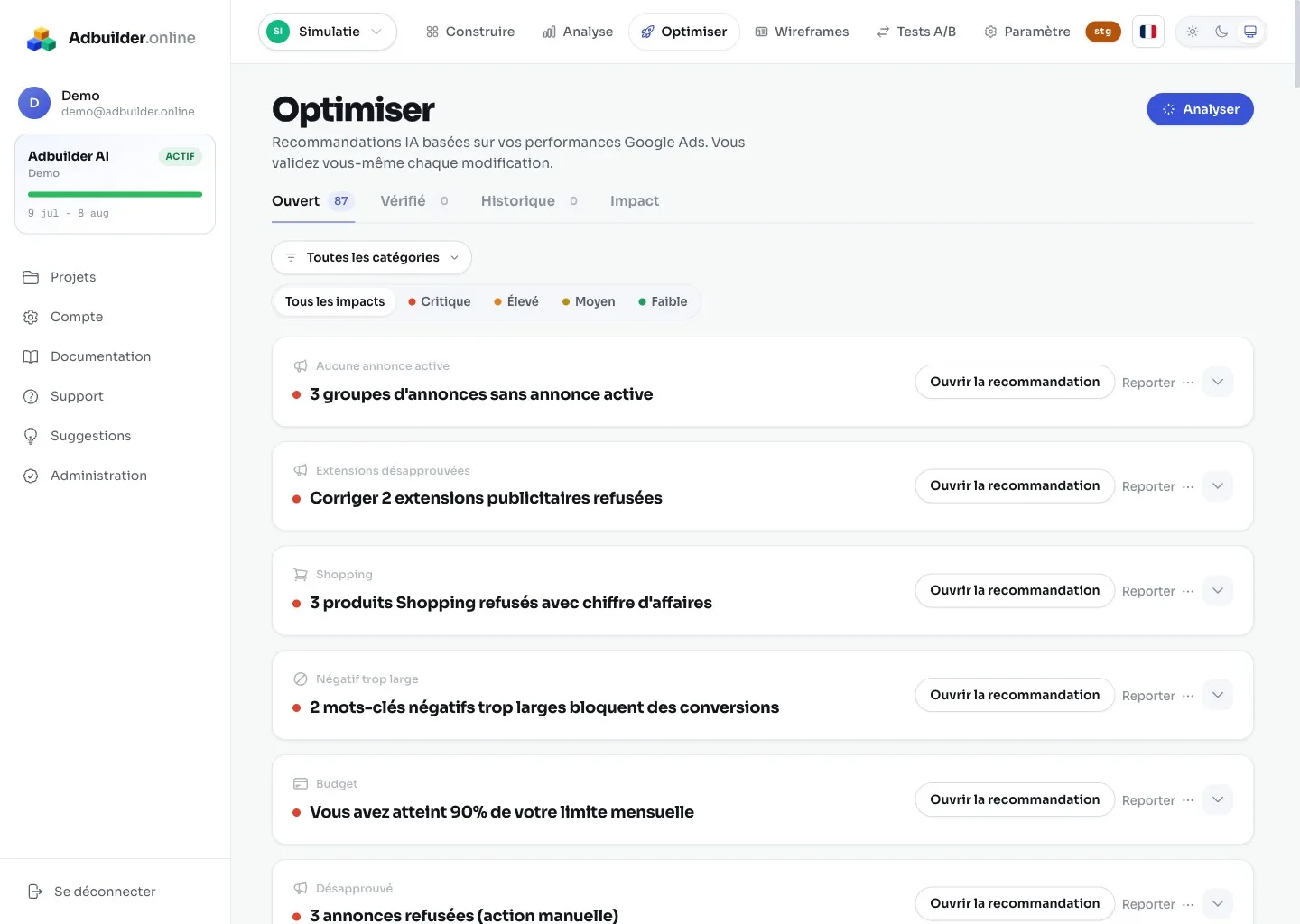 L'écran Optimiser avec des cartes de recommandation