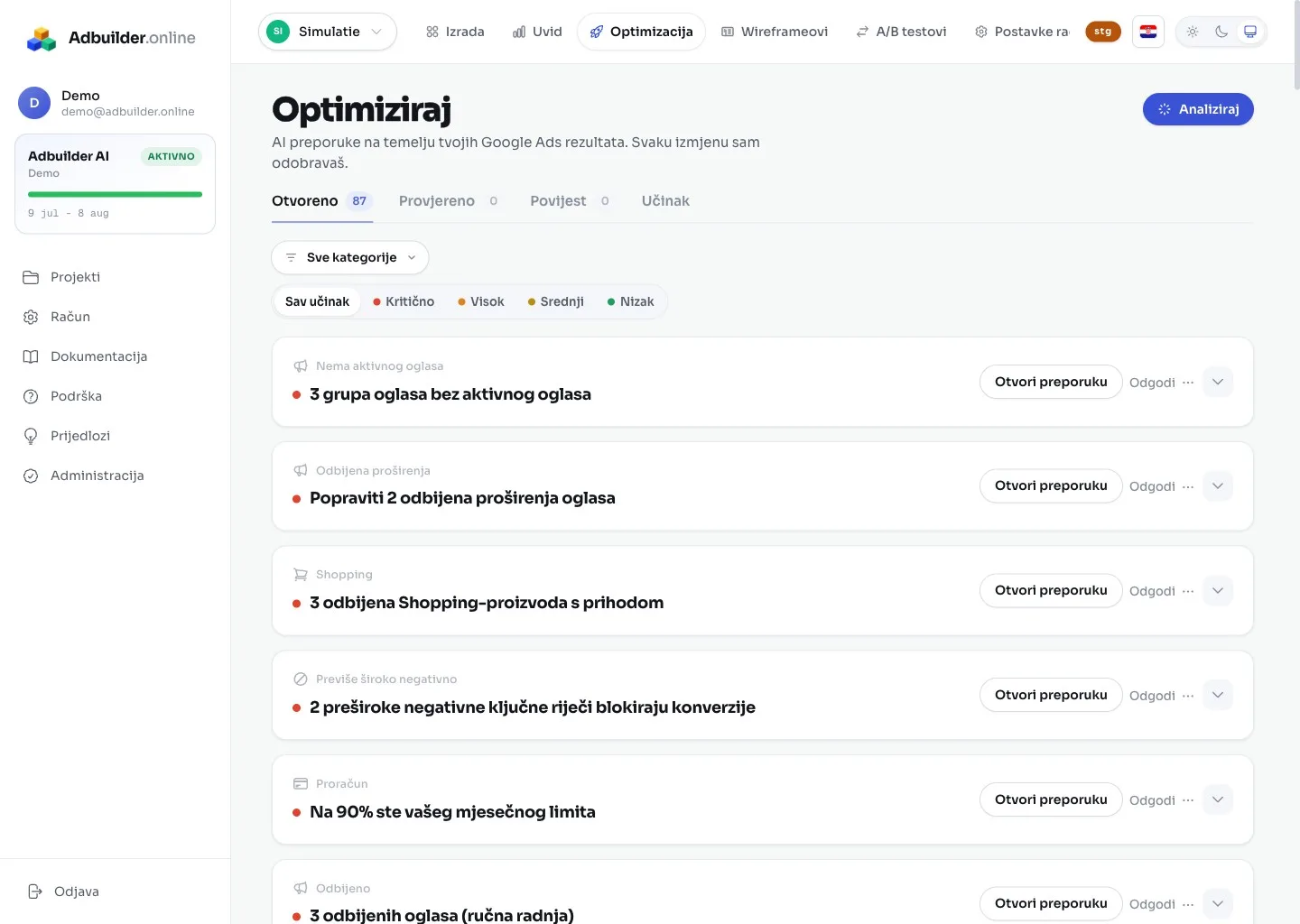 Zaslon Optimizacije s karticama preporuka