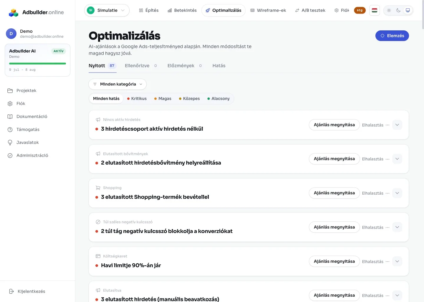 Az Optimalizálás képernyő javaslatkártyákkal