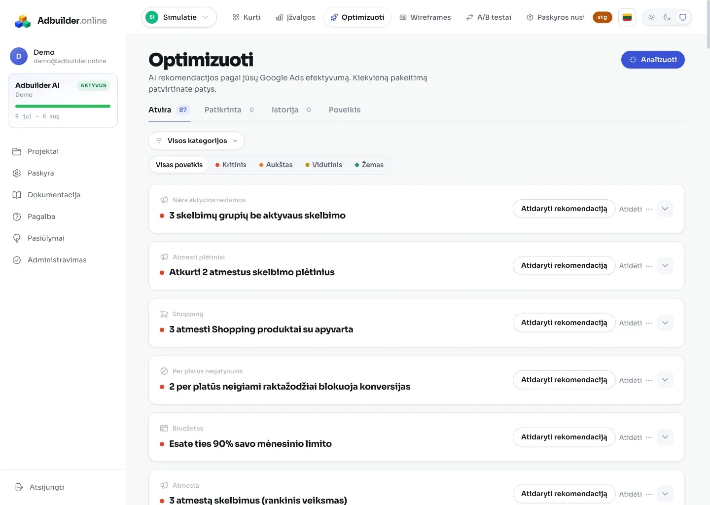 Optimizavimo ekranas su rekomendacijų kortelėmis