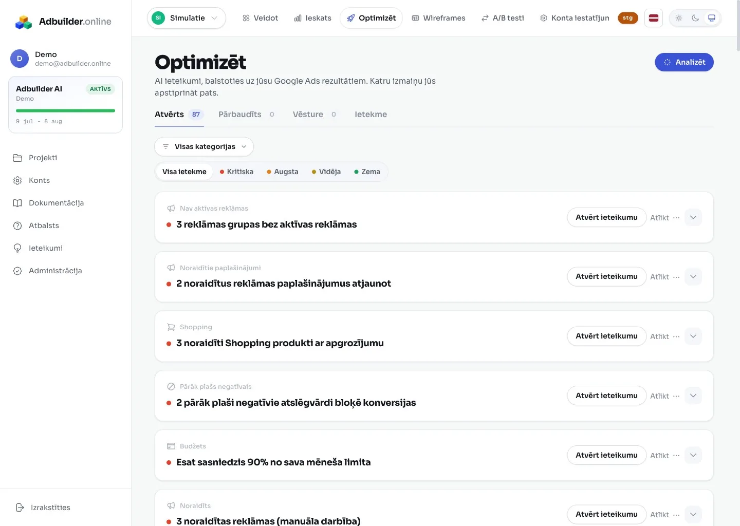 Optimizācijas ekrāns ar ieteikumu kartēm
