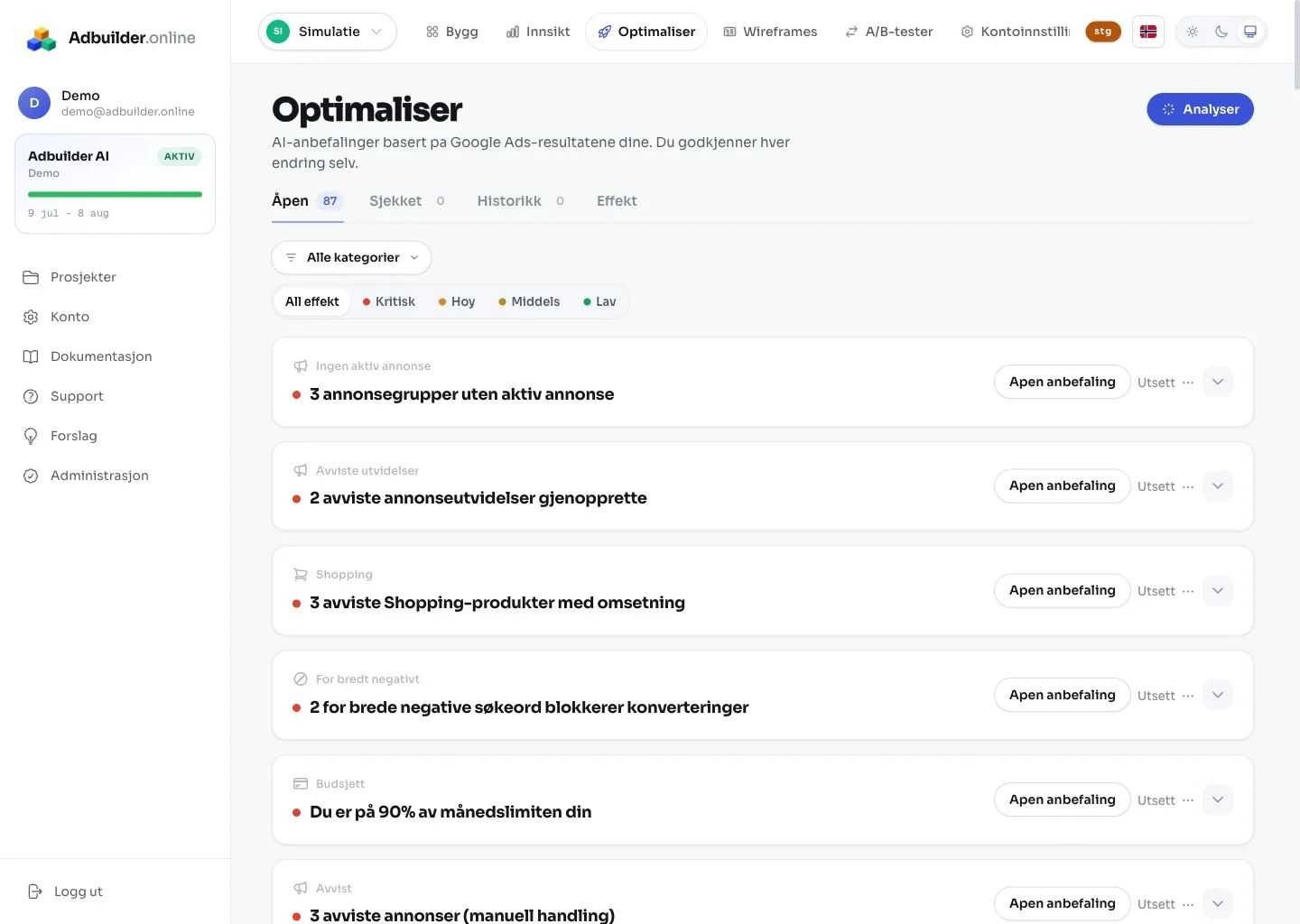 Optimaliser-skjermen med anbefalingskort