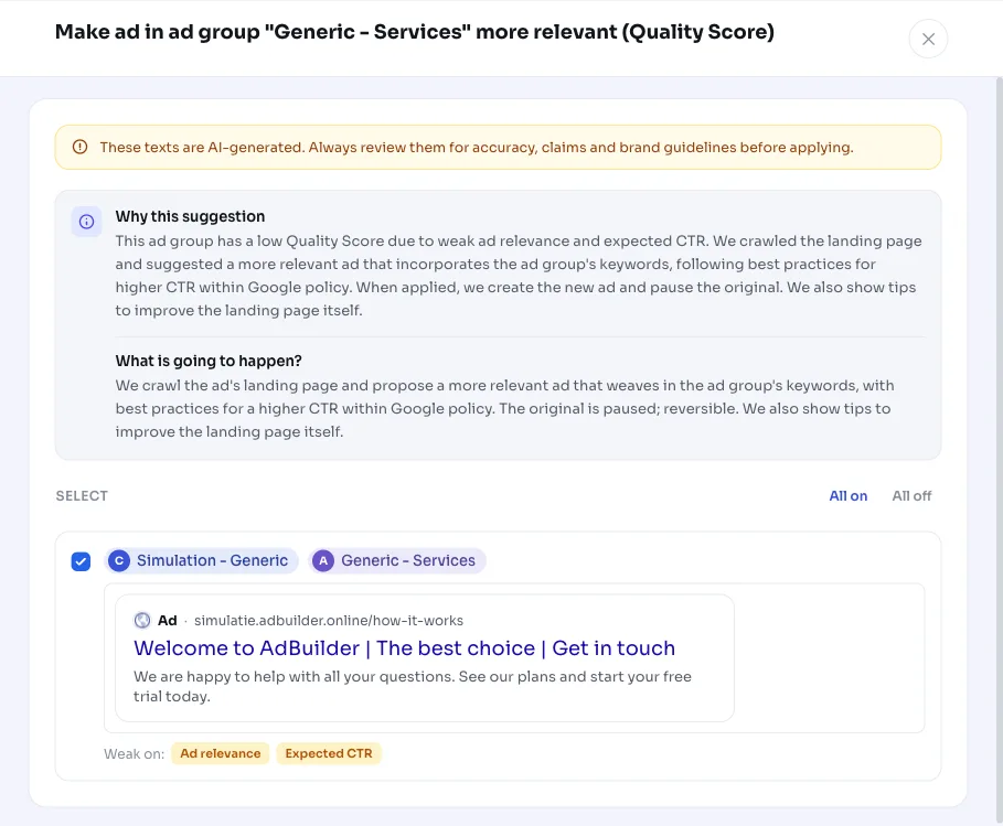 Improve ad relevance for a low Quality Score