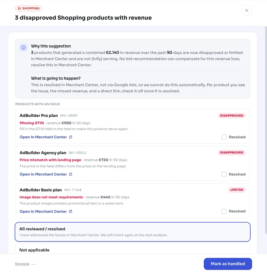 Disapproved Shopping products with revenue: how AdBuilder finds them