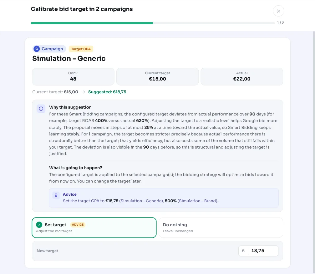 Calibrar l'objectiu d'oferta: alinear target CPA i target ROAS amb el rendiment