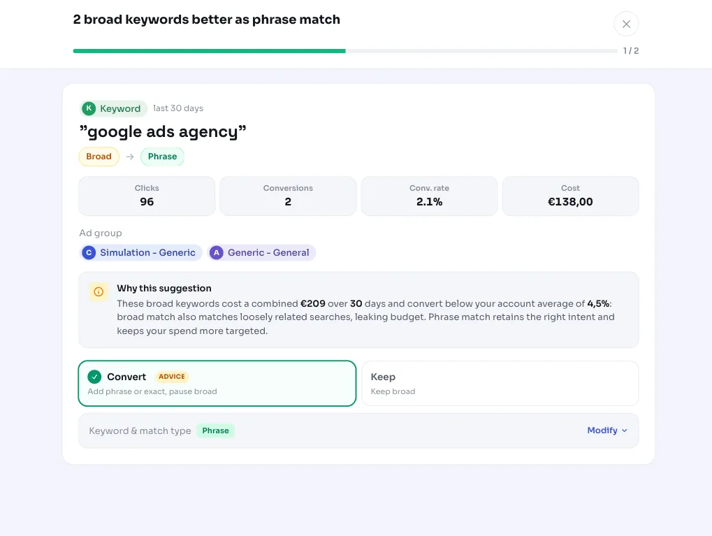 Превръщане на широки ключови думи във фраза в Google Ads