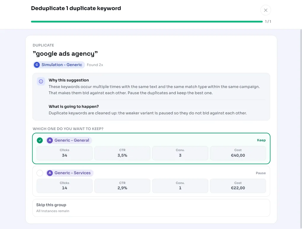Fjern dubletsøgeord i Google Ads