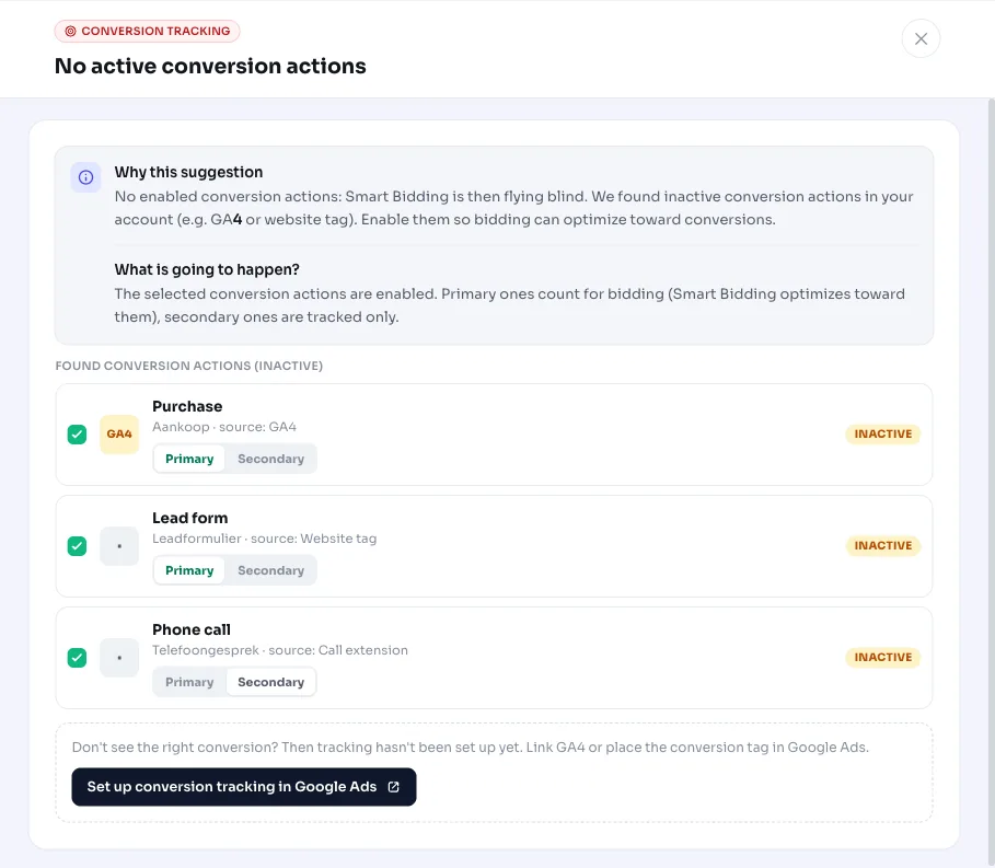 No active conversion actions in Google Ads