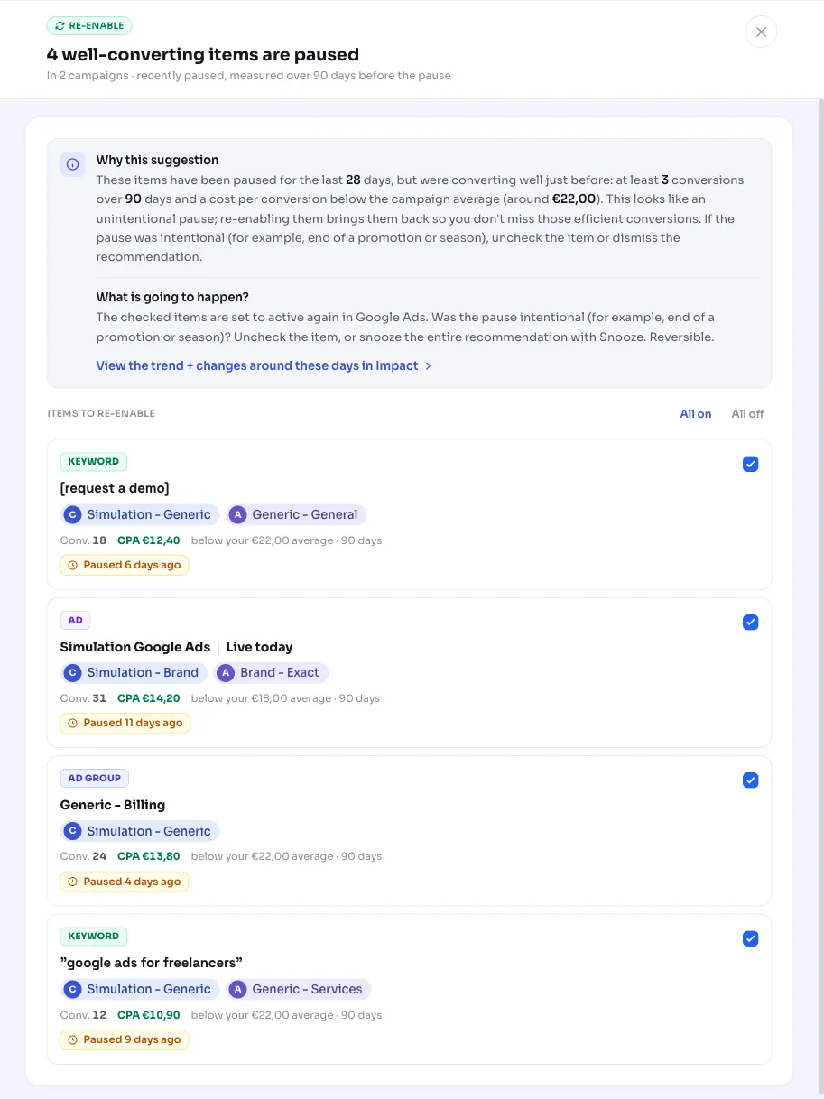 Reactivating a paused keyword: converting items accidentally turned off