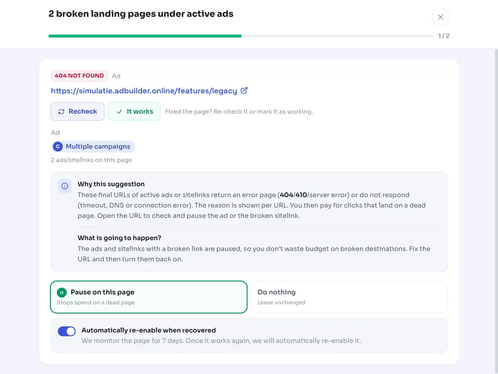 Unreachable URLs: broken landing pages behind your active ads
