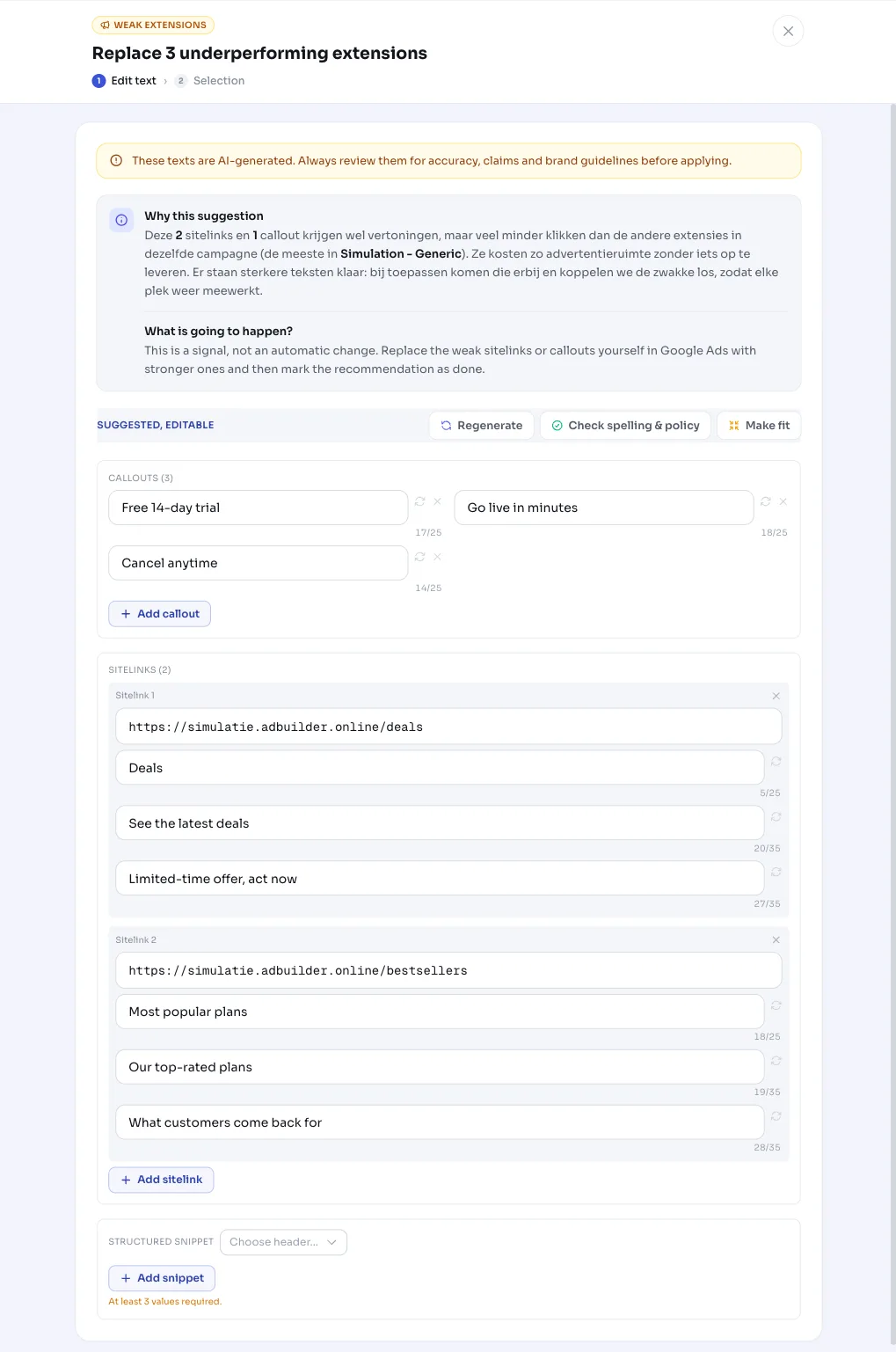 Replace underperforming sitelinks and callouts in Google Ads