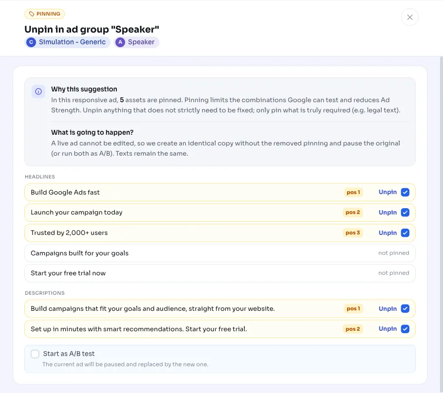 Unpinning: too many pinned components in your responsive search ads