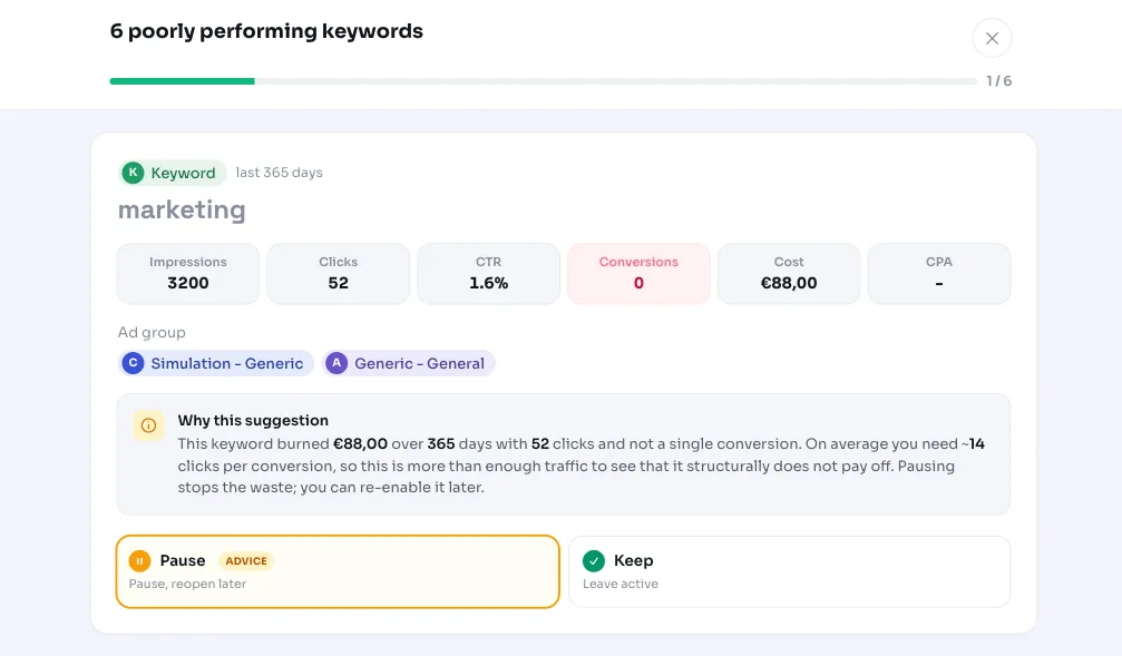 Pausar paraules clau amb rendiment deficient a Google Ads