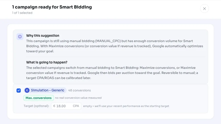 Activar el Smart Bidding per a campanyes que hi estan a punt