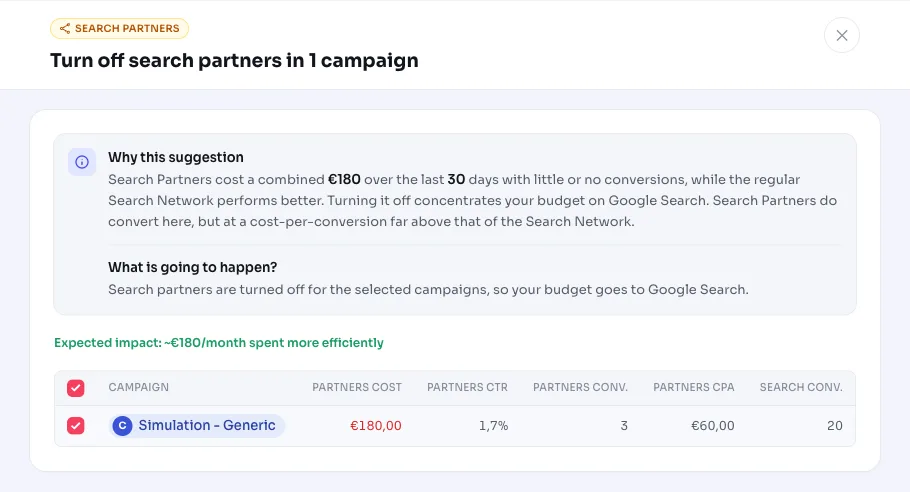 Desactivar socis de cerca en campanyes de Google Ads amb poc rendiment