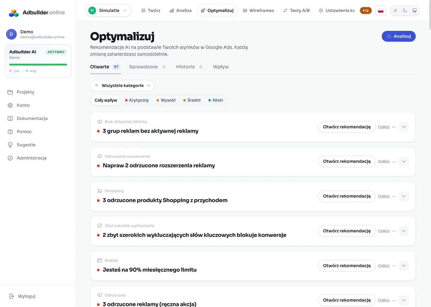 Ekran Optymalizacji z kartami rekomendacji