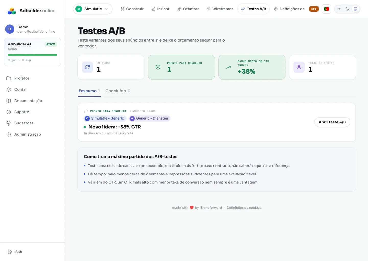 O separador A/B com testes em curso e a vantagem do vencedor