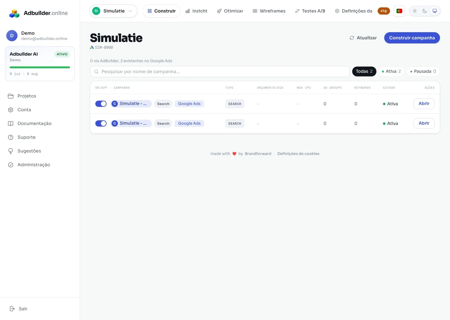 A vista geral das campanhas com um interruptor Ligado/Desligado por campanha