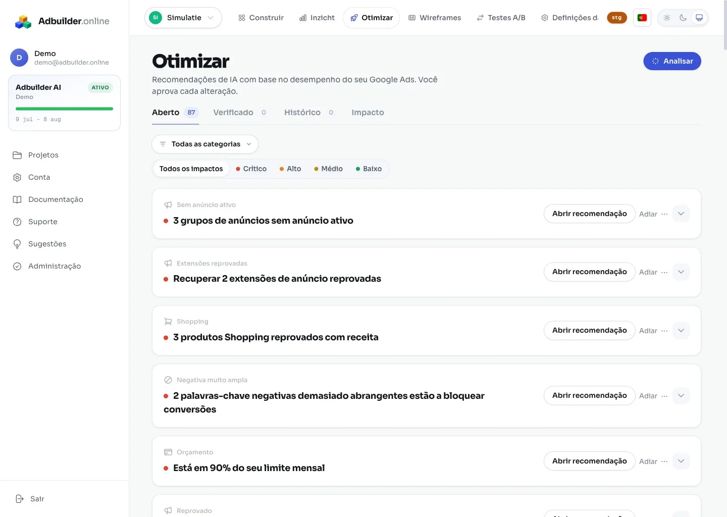 O ecrã Otimizar com cartões de recomendação