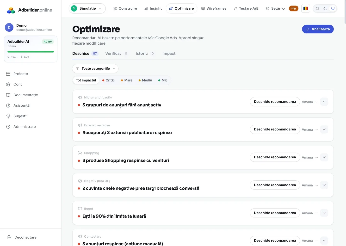 Ecranul Optimizare cu carduri de recomandări