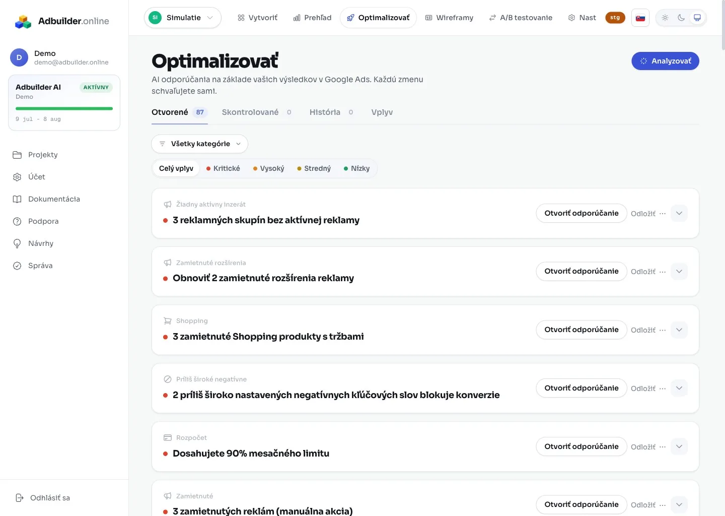 Obrazovka Optimalizácia s kartami odporúčaní