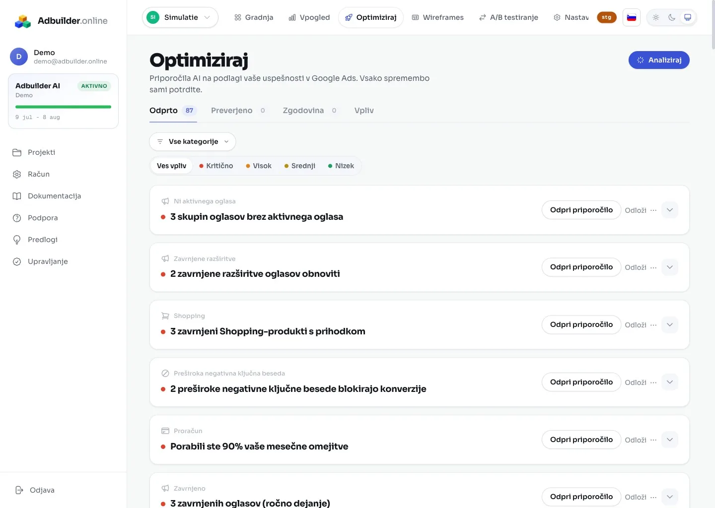 Zaslon Optimizacija s karticami priporočil
