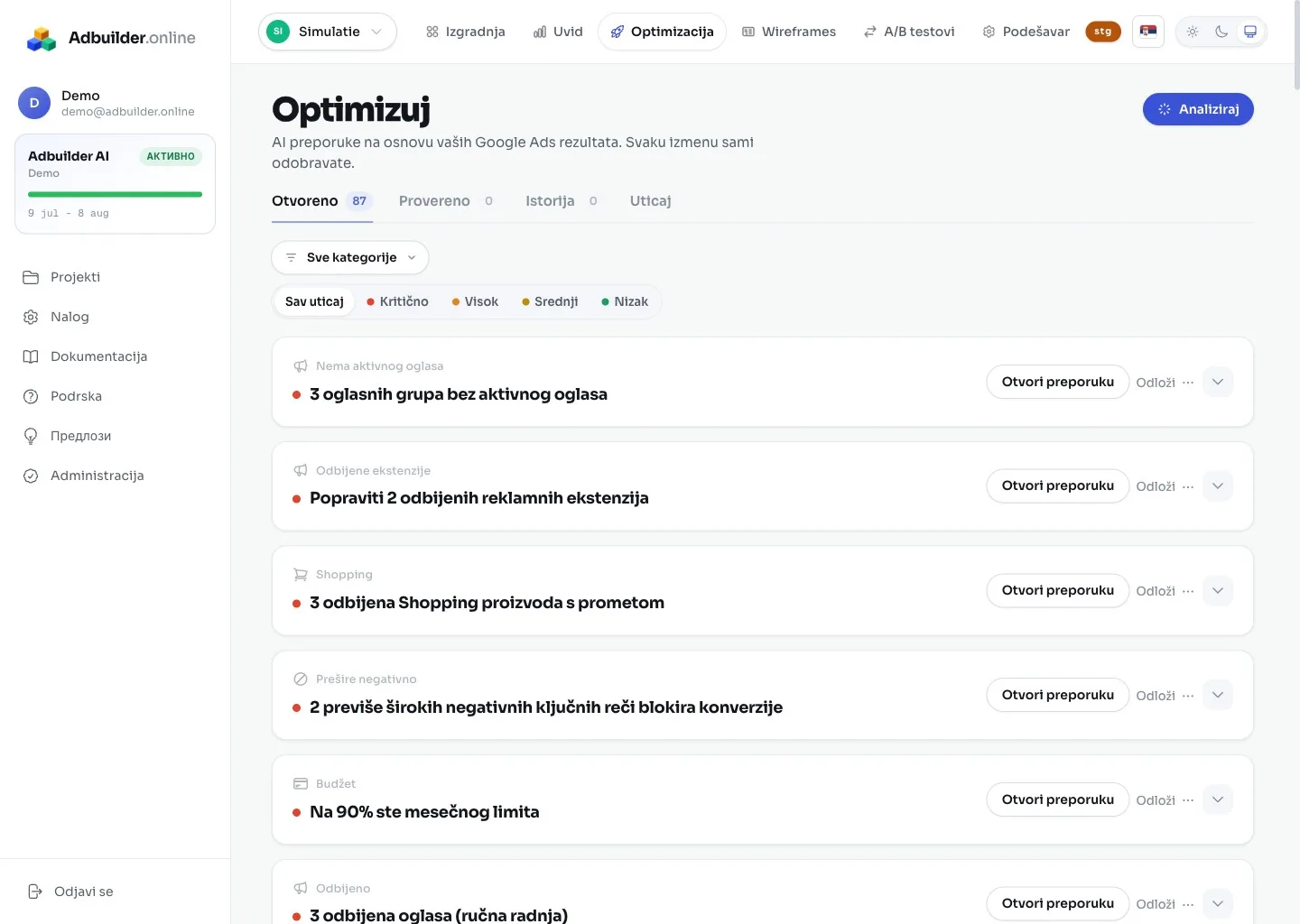 Ekran Optimizacije sa karticama preporuka