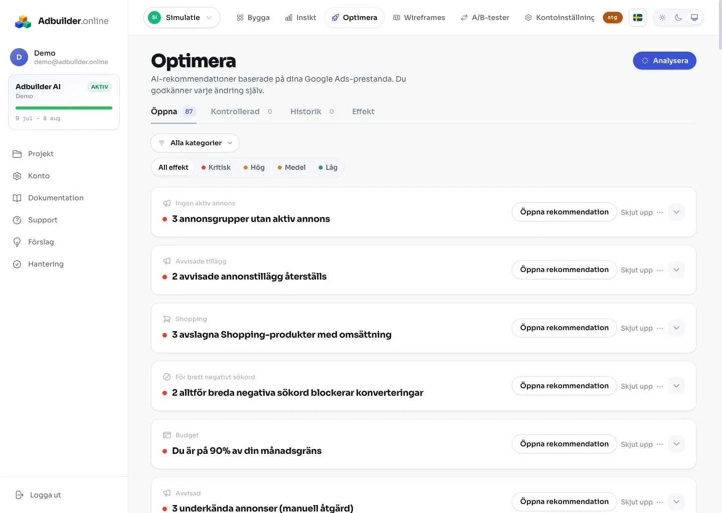 Optimera-skärmen med rekommendationskort