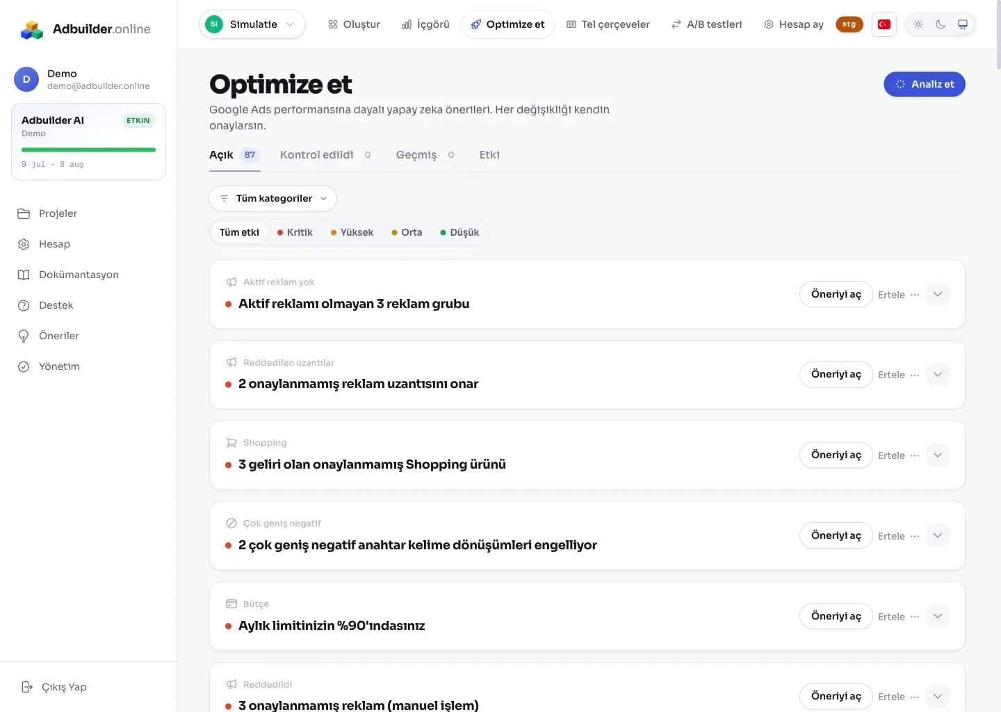 Öneri kartlarıyla Optimize et ekranı