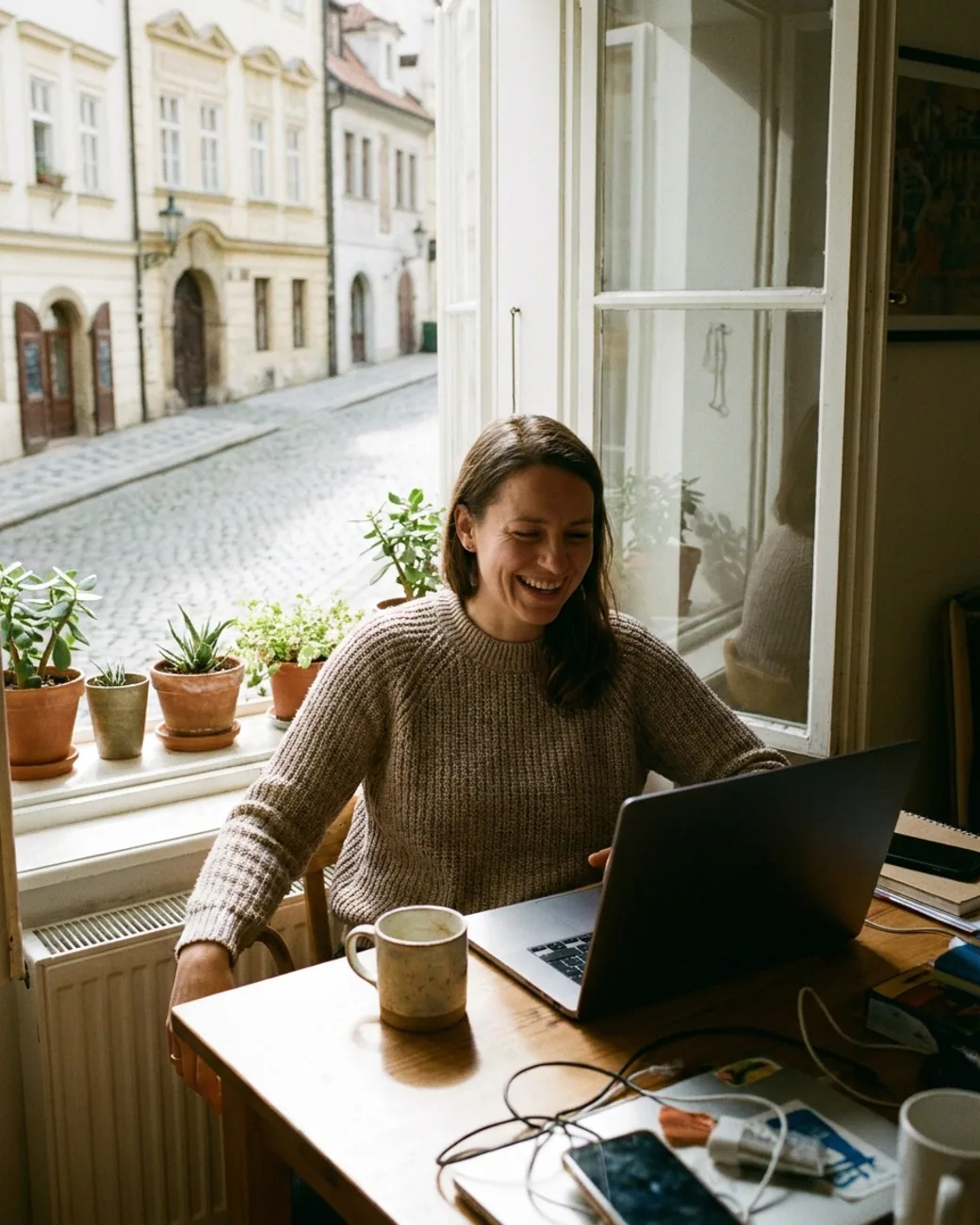 Šťastná podnikatelka, která s úsměvem pracuje u svého notebooku