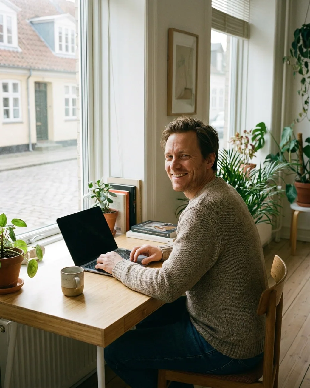 Glad iværksætter der arbejder smilende bag sin bærbare