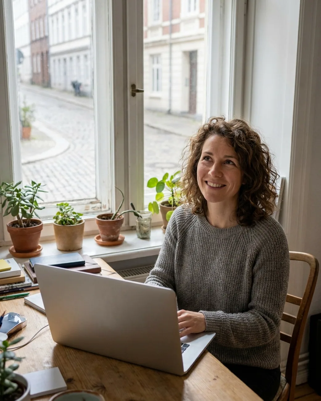 Glückliche Unternehmerin, die lächelnd an ihrem Laptop arbeitet