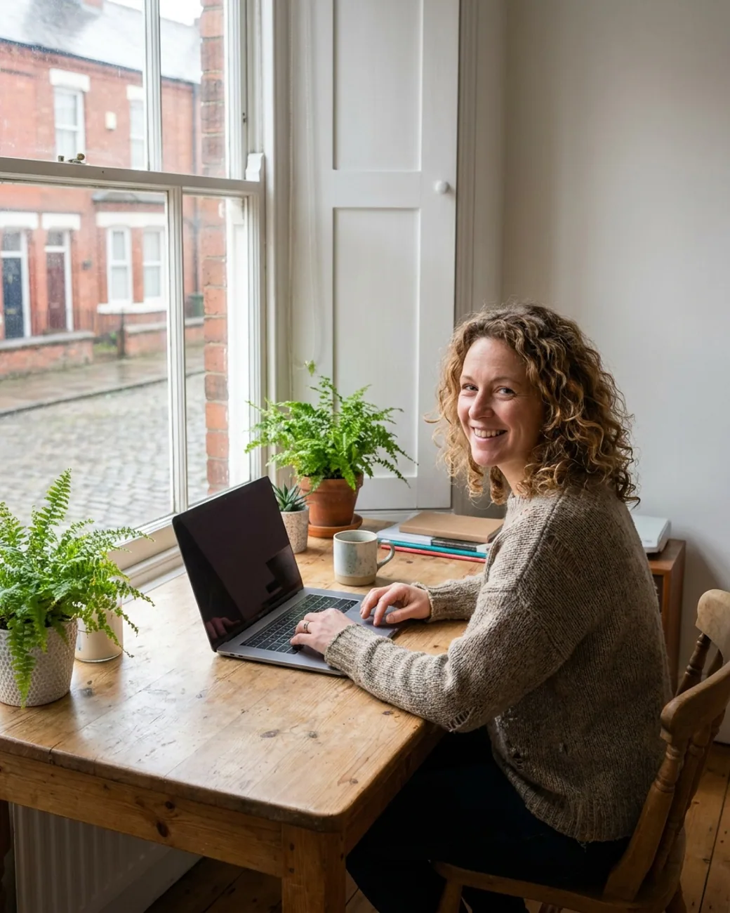 A happy entrepreneur smiling while working at her laptop