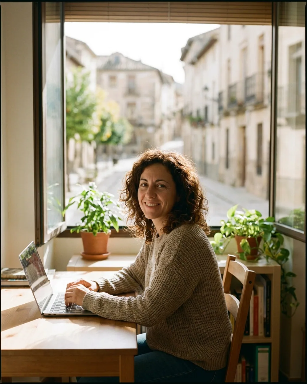 Emprendedora contenta que trabaja sonriendo ante su portátil