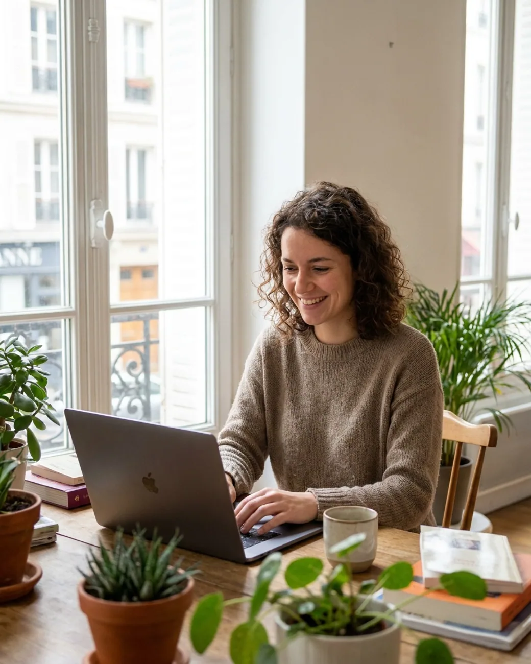 Une entrepreneuse heureuse travaille en souriant devant son ordinateur portable