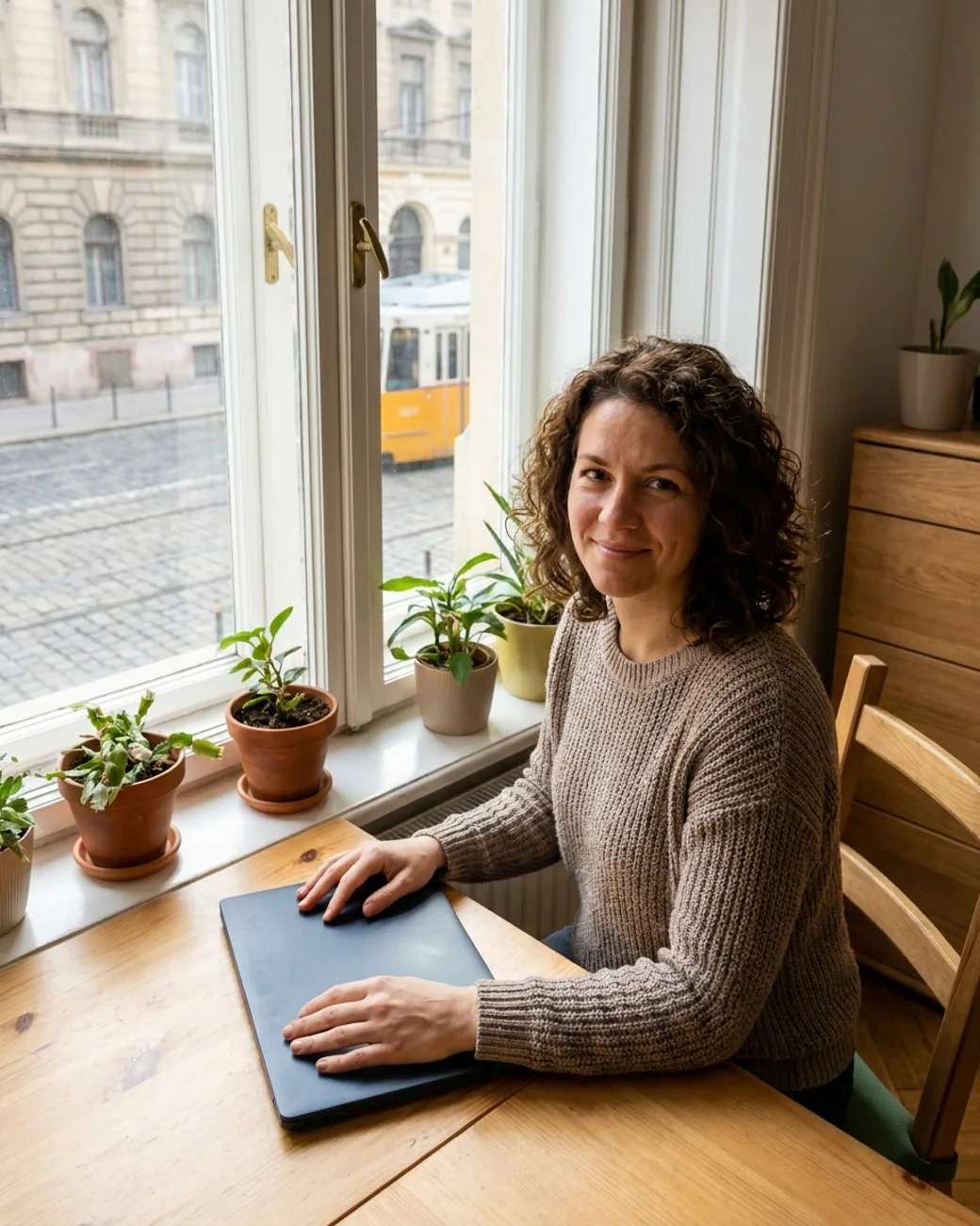 Boldog vállalkozó mosolyogva dolgozik a laptopja mögött