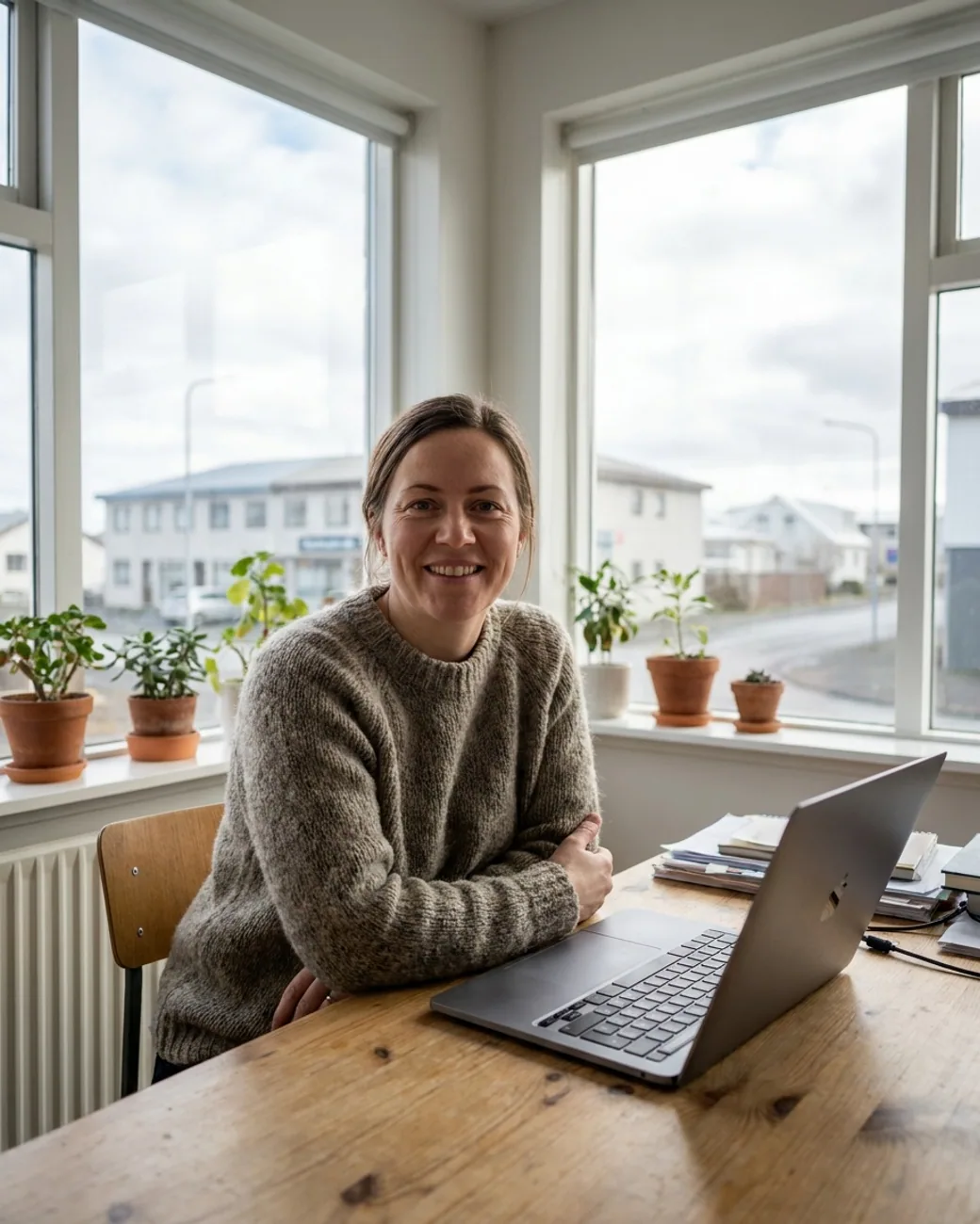 Glöð frumkvöðull sem vinnur brosandi við fartölvuna sína