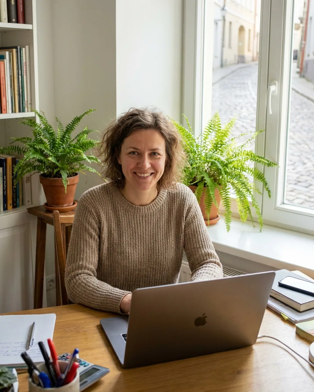 Laiminga verslininkė šypsodamasi dirba prie nešiojamojo kompiuterio