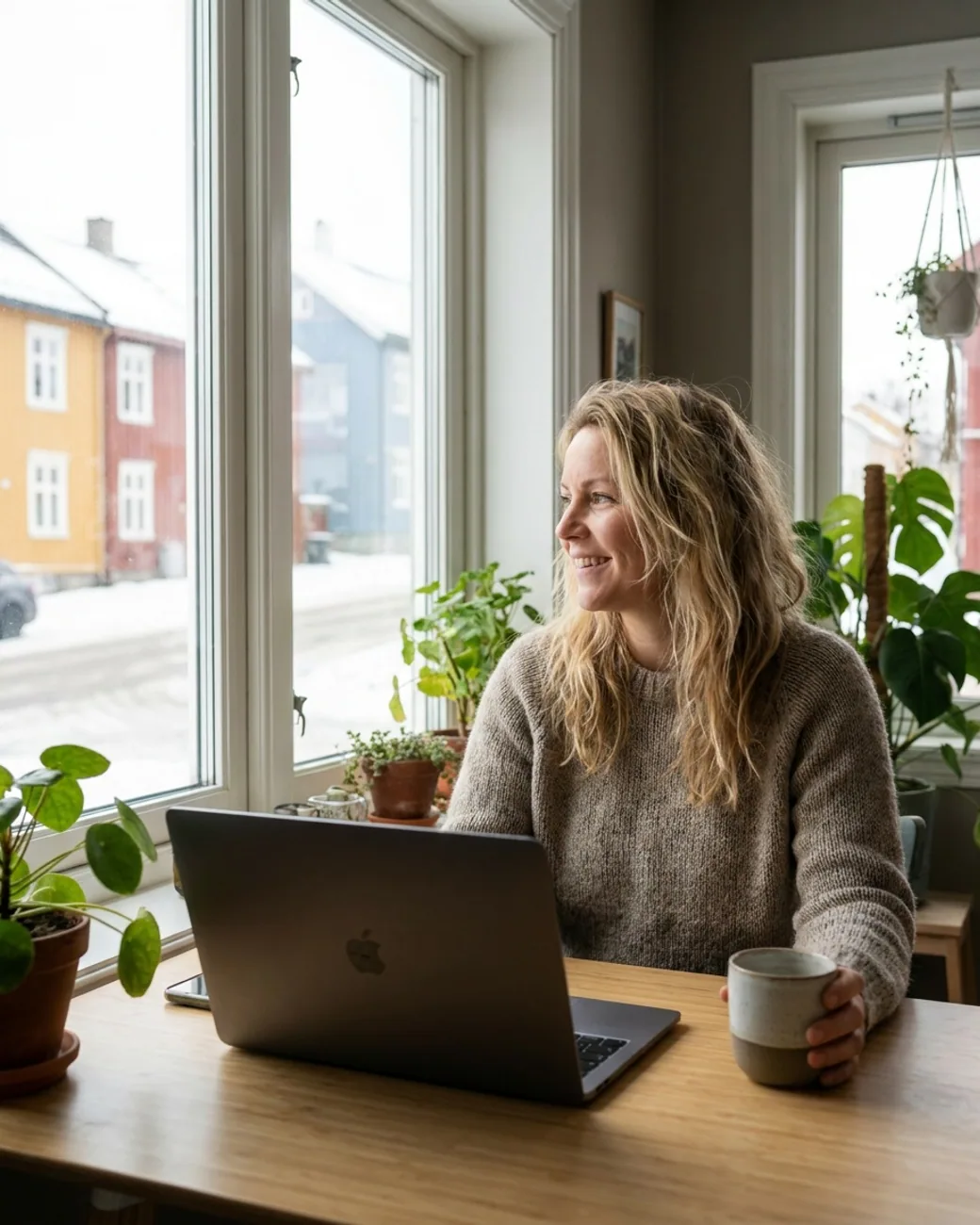 Glad norsk gründer som jobber smilende bak den bærbare datamaskinen sin