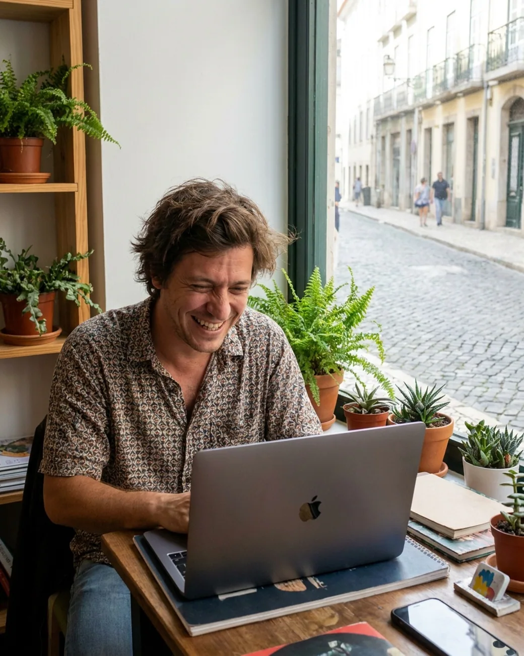 Empreendedora feliz que trabalha a sorrir à frente do seu portátil