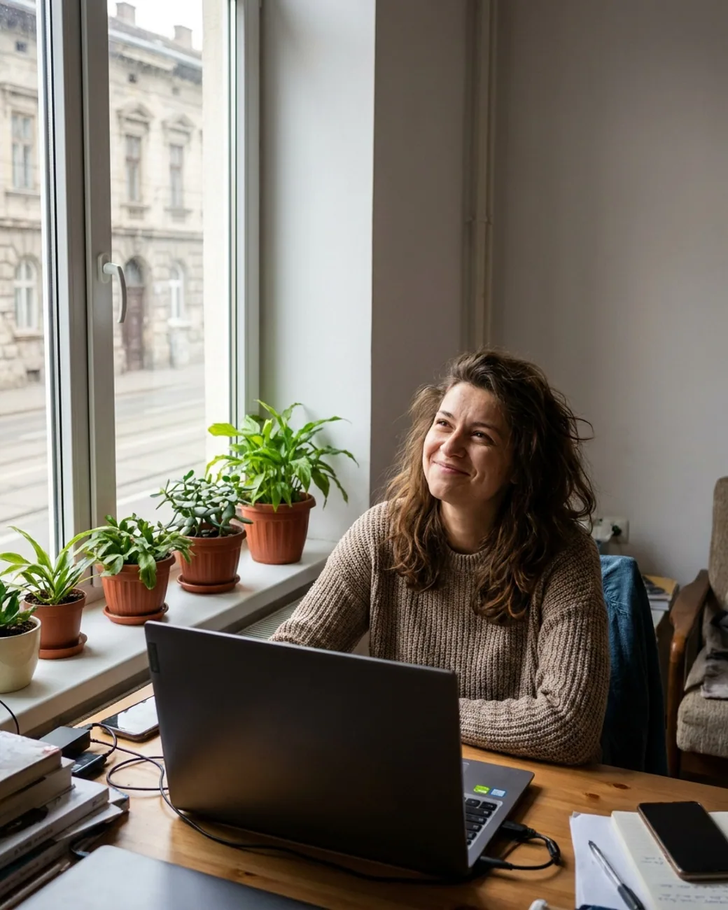 O antreprenoare fericită lucrează zâmbind în fața laptopului