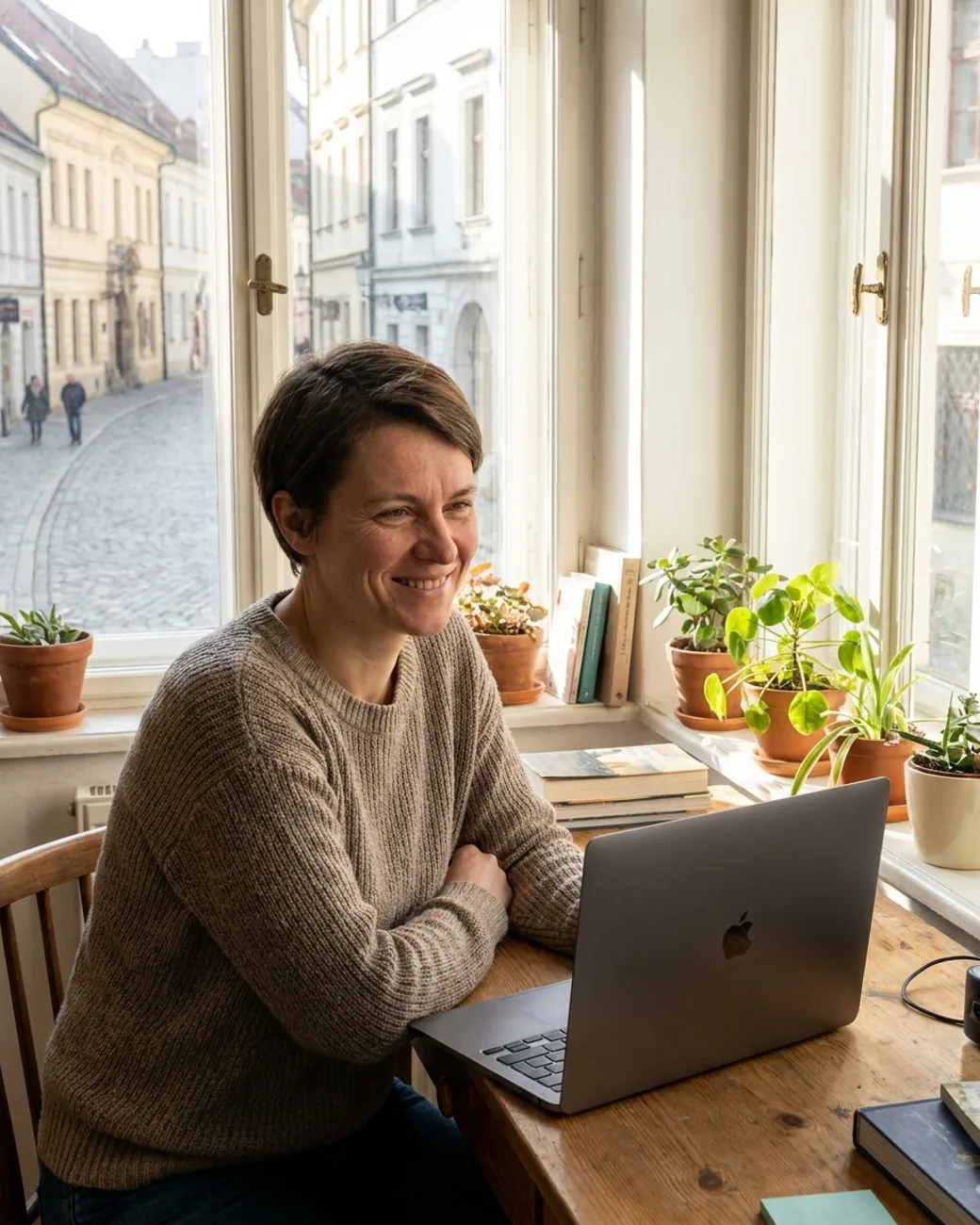 Šťastná podnikateľka s úsmevom pracuje za svojím notebookom