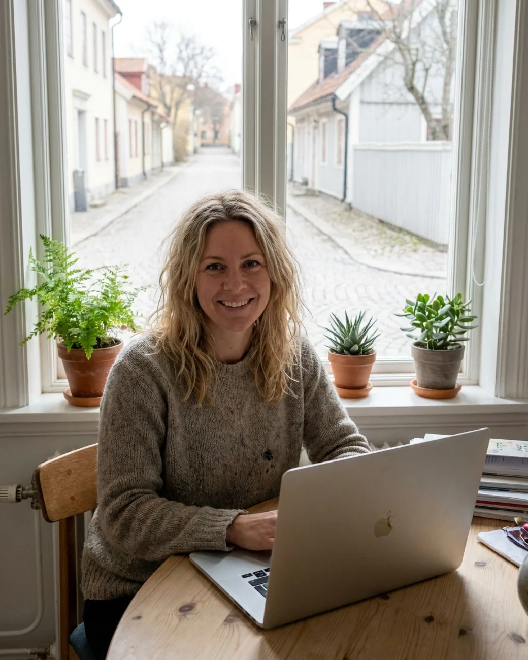 Glad svensk företagare som ler medan hon arbetar vid sin laptop